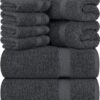 Towels 8-Piece Premium Towel Set, 2 Bath Towels, 2 Hand Towels, and 4 Wash Cloths, 600 GSM 100% Ring Spun Cotton Highly Absorbent Towels for Bathroom, Gym, Hotel, and Spa (Grey)