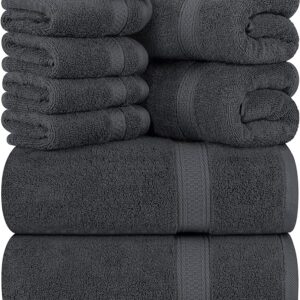 Towels 8-Piece Premium Towel Set, 2 Bath Towels, 2 Hand Towels, and 4 Wash Cloths, 600 GSM 100% Ring Spun Cotton Highly Absorbent Towels for Bathroom, Gym, Hotel, and Spa (Grey)