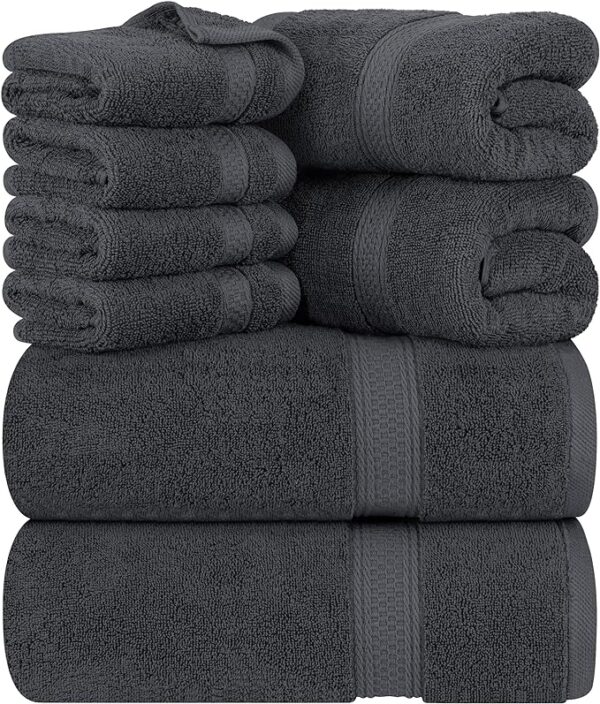 Towels 8-Piece Premium Towel Set, 2 Bath Towels, 2 Hand Towels, and 4 Wash Cloths, 600 GSM 100% Ring Spun Cotton Highly Absorbent Towels for Bathroom, Gym, Hotel, and Spa (Grey)